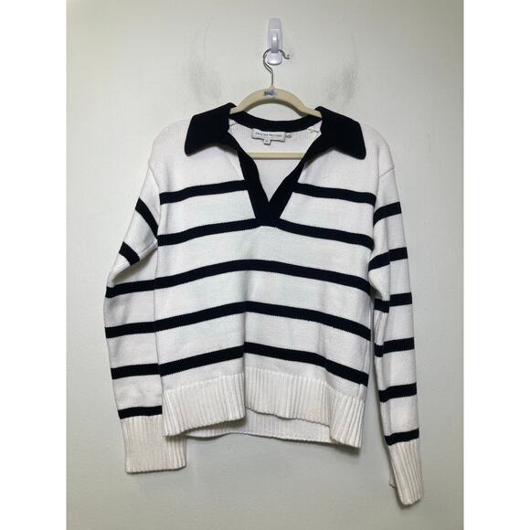 English Factory White W Black Stripe Collared Swetaer Sz xs - Picture 1 of 2